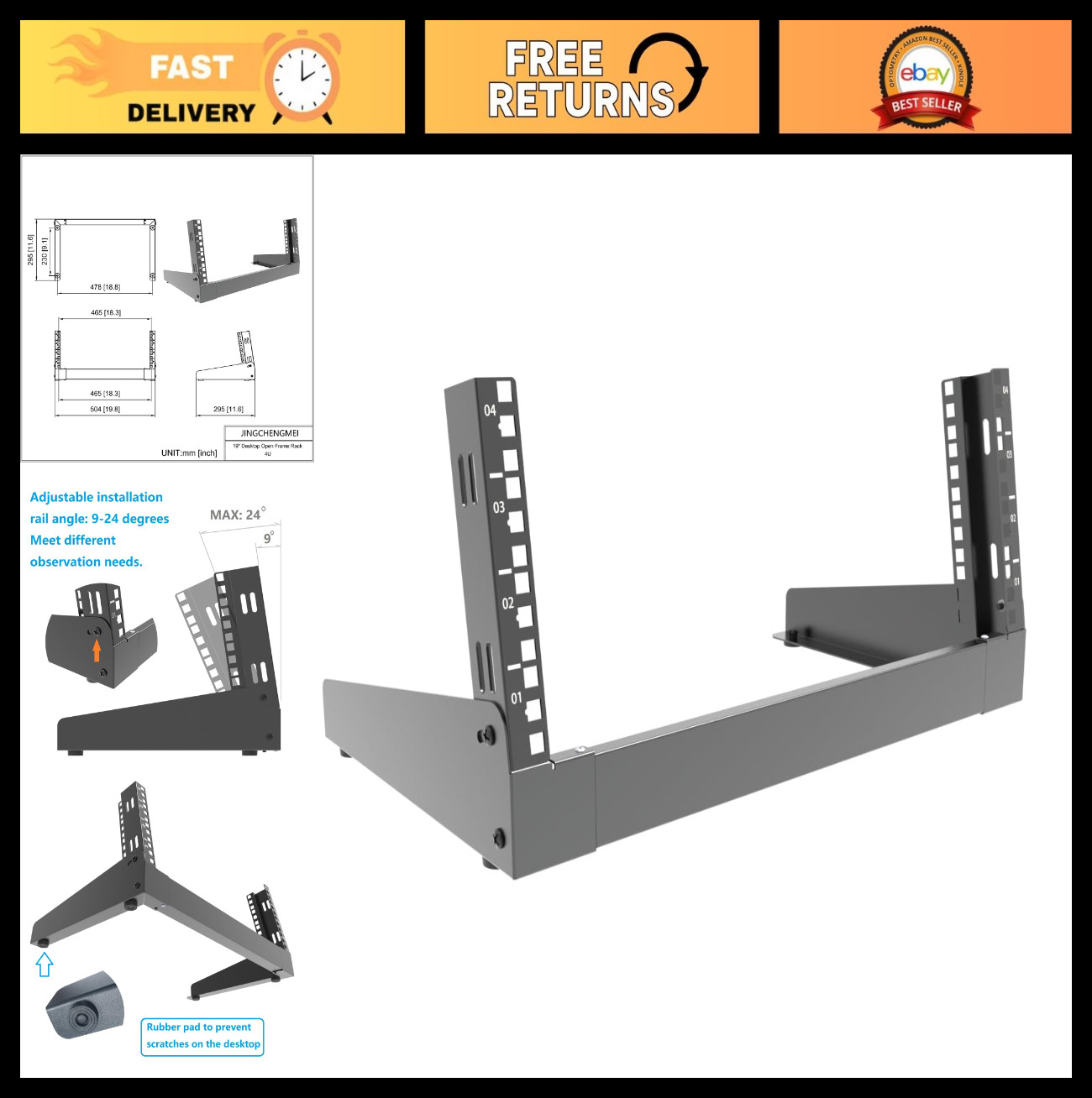 4U Desktop Network Rack 19" Open Frame, Free-Standing Tabletop for Server, AV, I