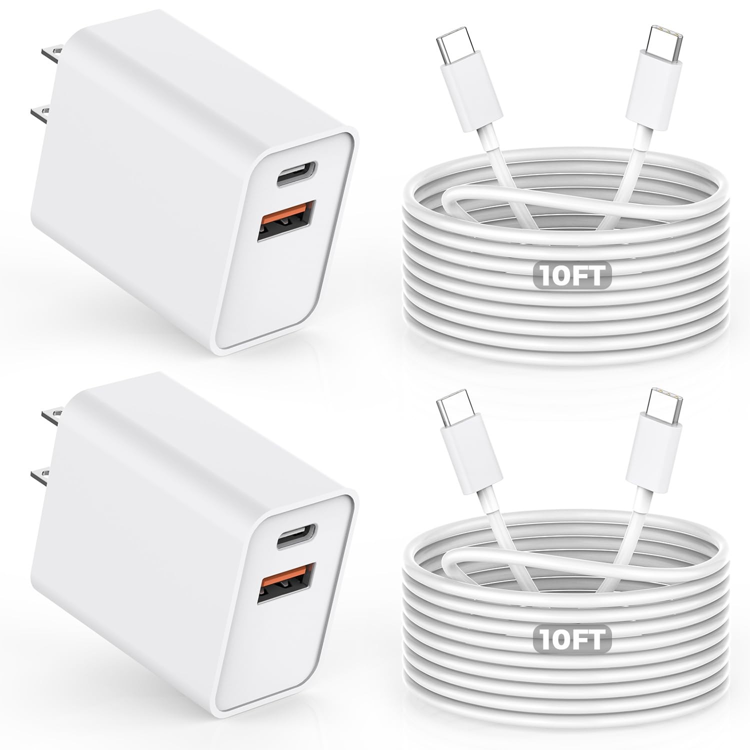10FT iPhone 17/16e Fast Charger,2Pack 20W Dual Port USB C-C, White/White 