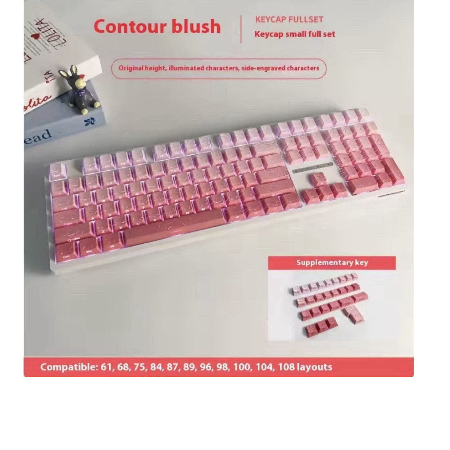 Side-Engraved Backlit Compatible Keycap Set Pink/White Fits 61-108 Layouts