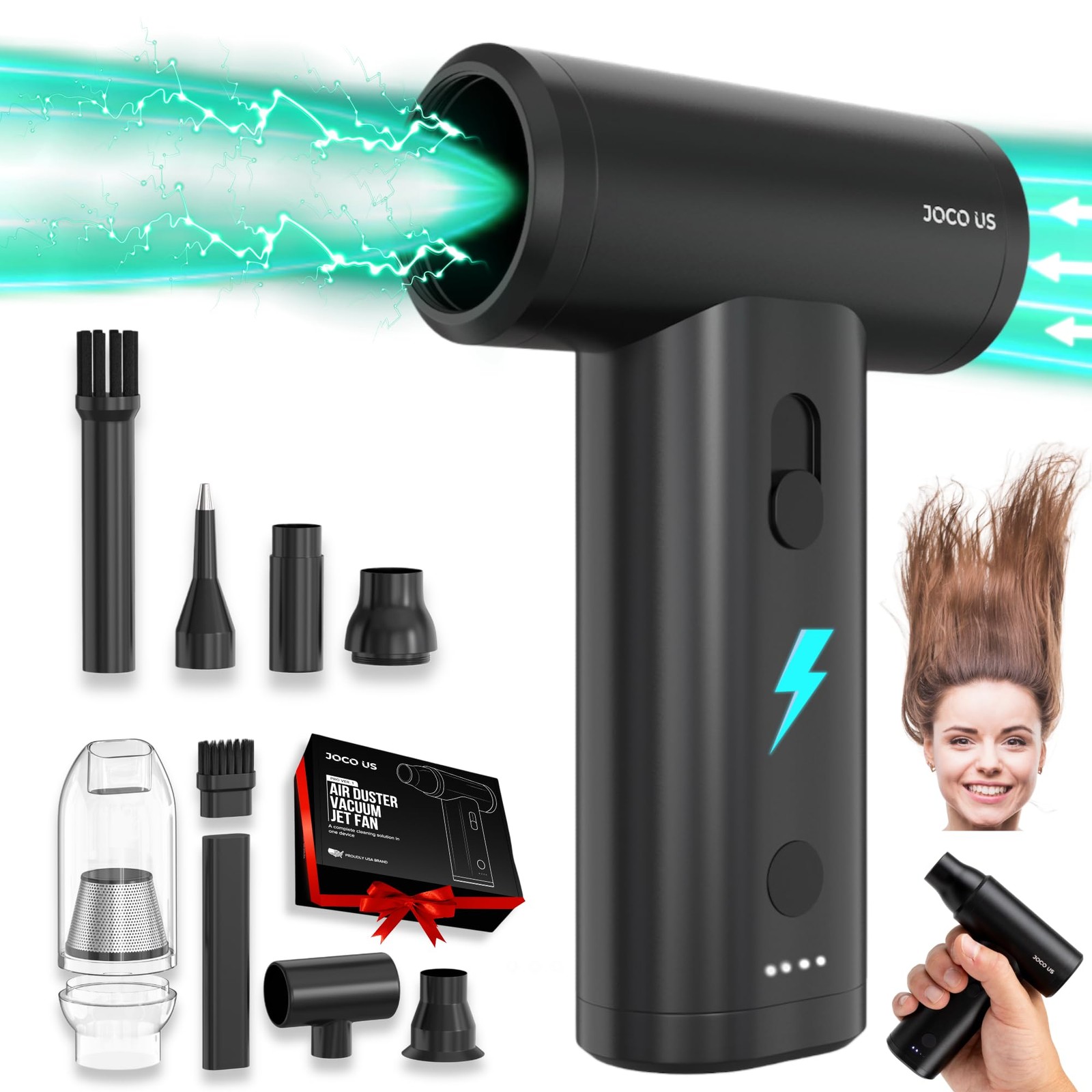 Upgraded Full Metal Air Duster and Vacuum Cleaner 8-in1, 110 000 RPM, 4000mAh,