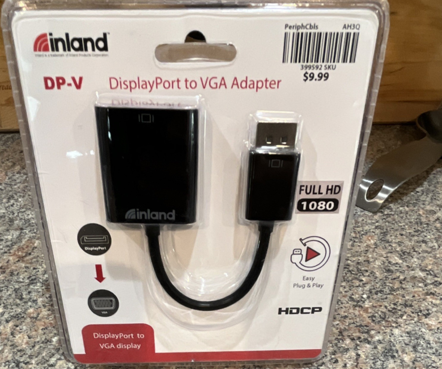 inland DP-V DisplayPort to VGA Adapter Plug & Play HDCP Full HD 1080 Black