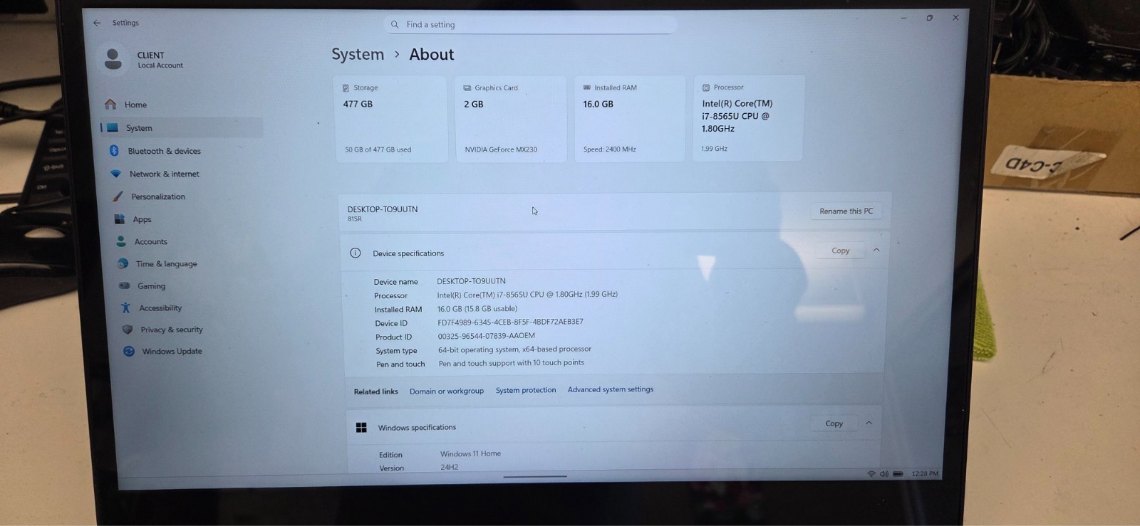 USED LENOVO 15.6" Touch Convertible i5 8565U 1.8ghz, 16g RAM, 500g ssd, Win 11