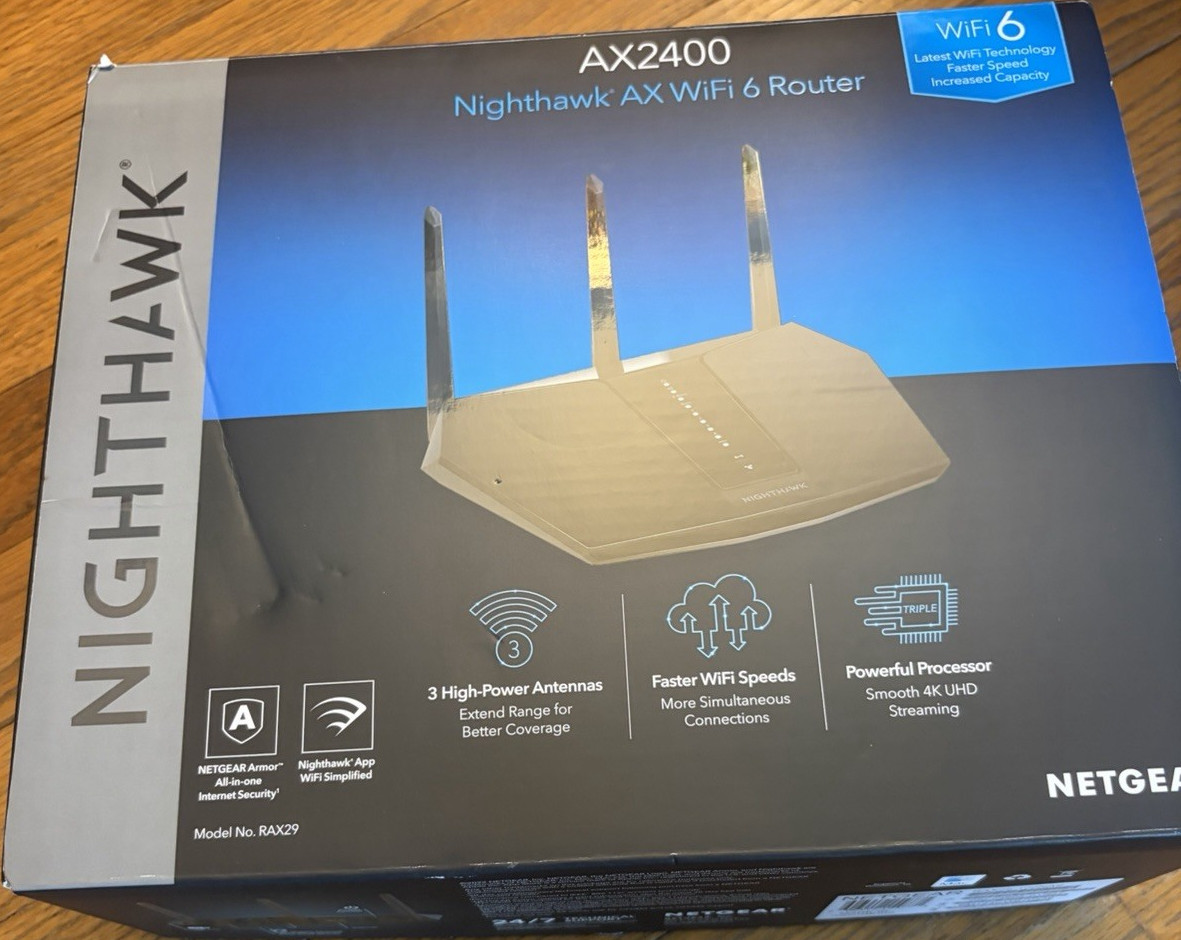 NETGEAR Nighthawk AX2400 WiFi 6 Router, 4-Port Gigabit, Black RAX29-100NAS