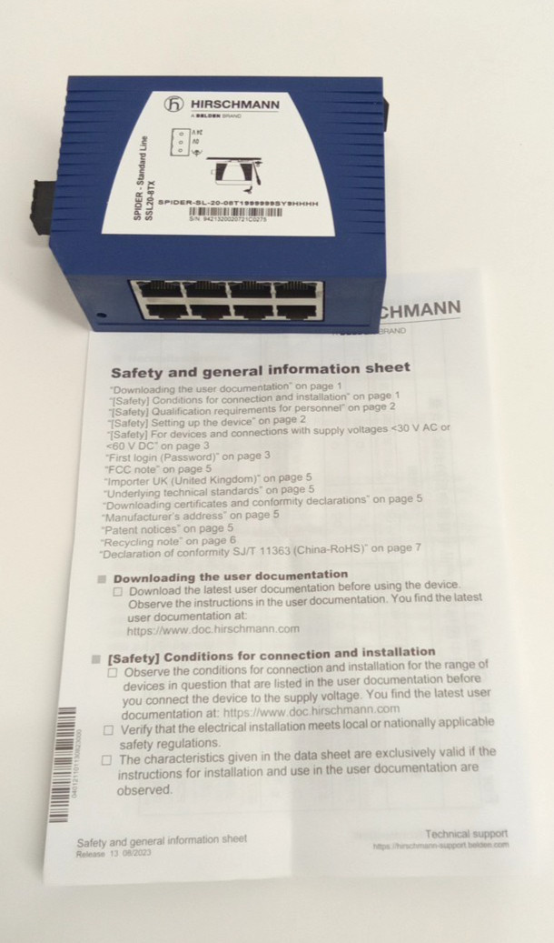 Hirchmann 942 132-002 Spider SSL20-8TX Ethernet Rail Switch 8 x RJ45 12-24VDC