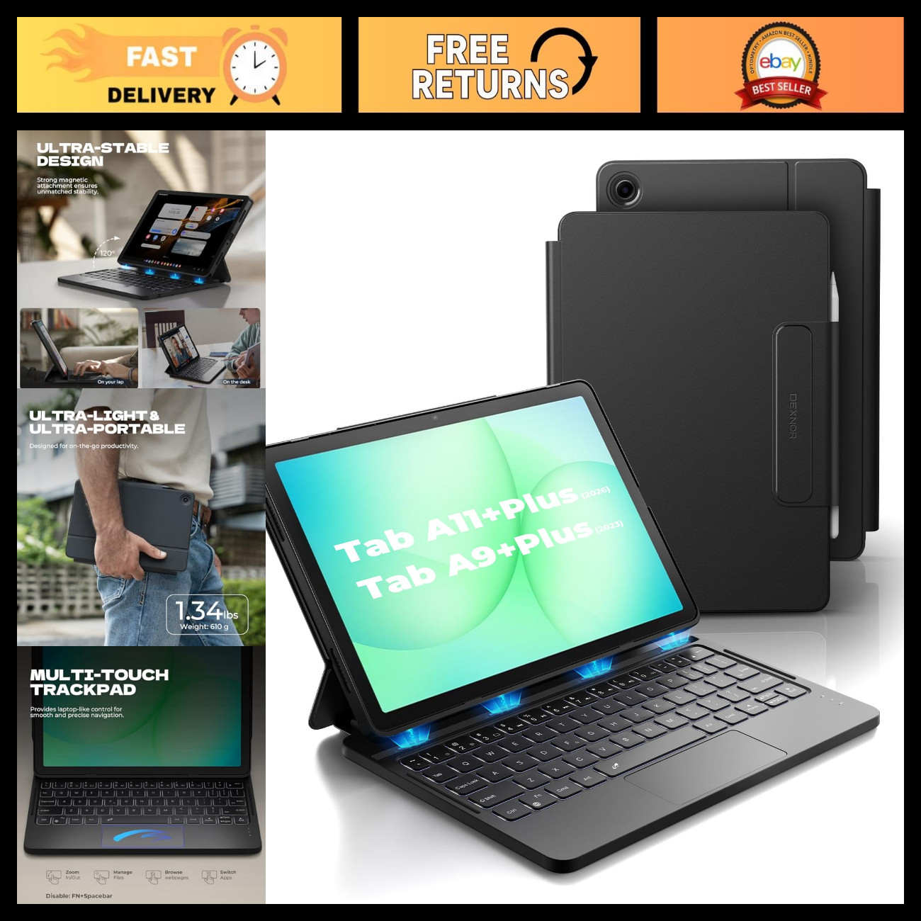 Ultra-Light Keyboard Case for Samsung Galaxy Tab A11+/A9+ Plus - Slim & Durable
