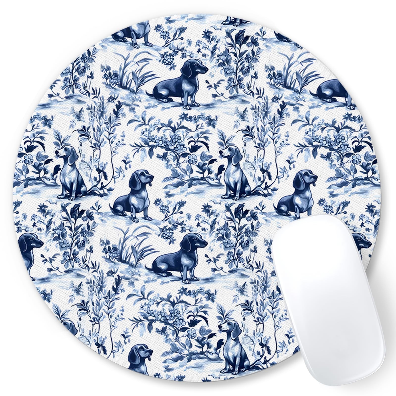 Chinoiserie Dachshund Mouse Pad, Grandmillennial Blue and White Botanical Dog...