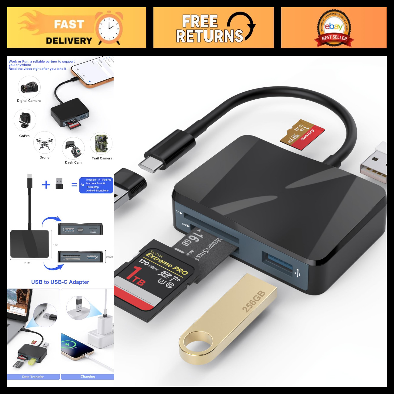 5-in-1 USB-C SD Card Reader Adapter, Dual USB-A & MicroSD for iPhone/iPad/Androi