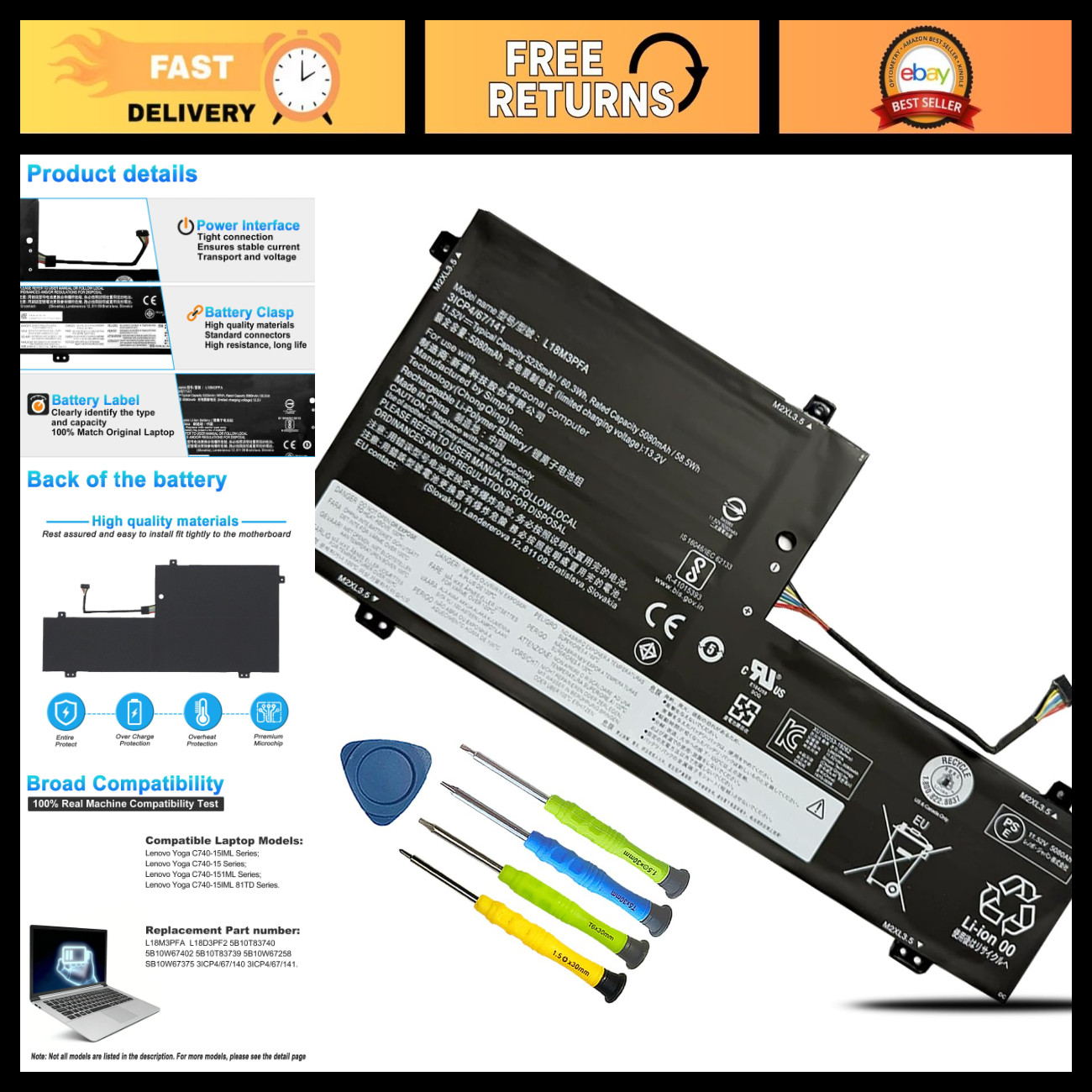 High-Capacity Laptop Battery for Lenovo Yoga C740-15IML & C740-15 Series
