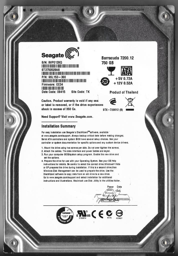 SEAGATE BARRACUDA ST3750528AS 750GB SATA HARD DRIVE P/N: 9SL153-300  CC49  TK
