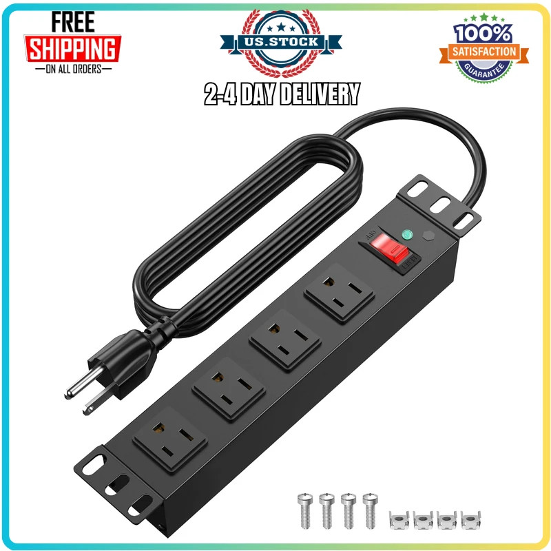 10 Inch Rack PDU 1U 4 Outlet Surge Protector 15A 6ft Cord for Server Cabinet