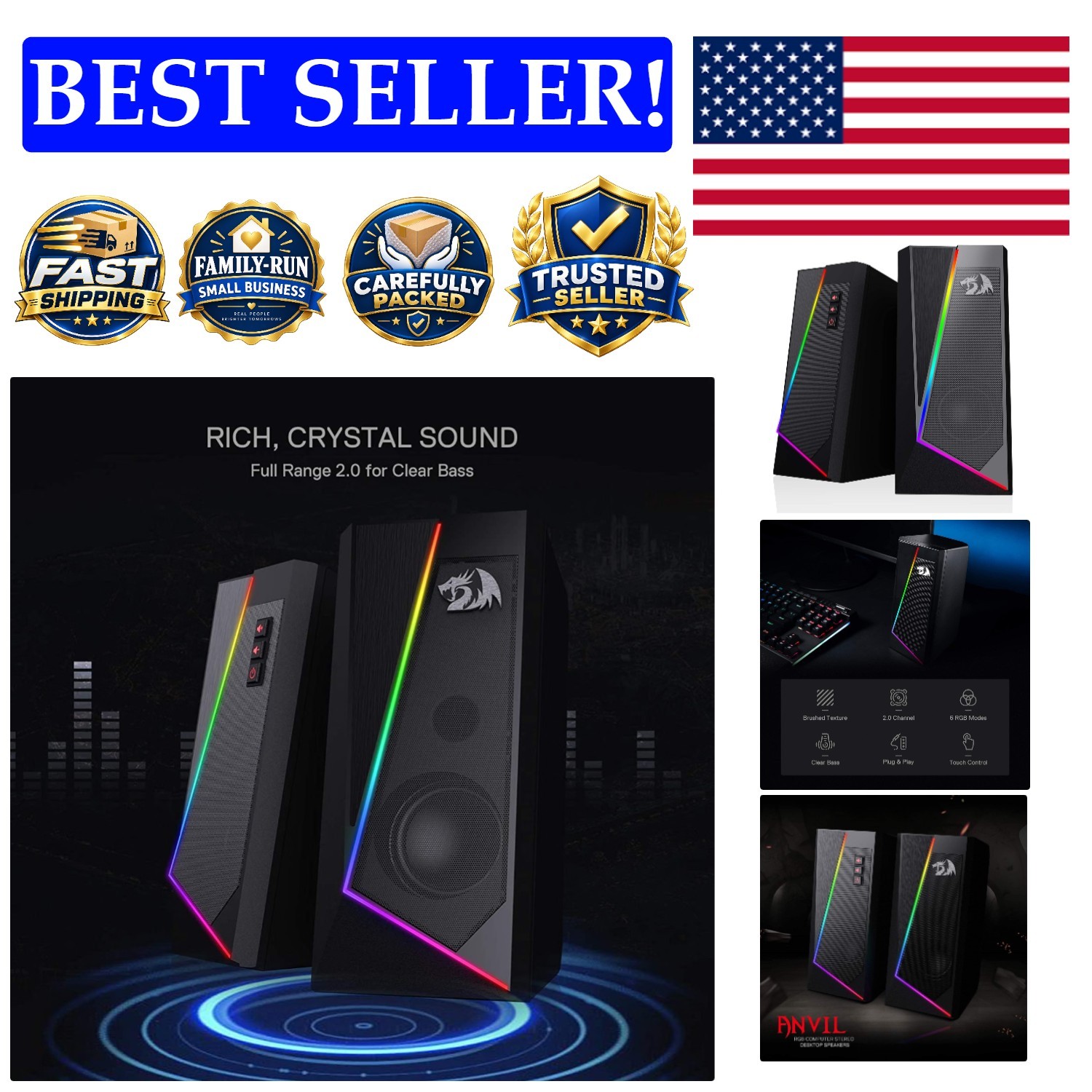 Enhanced 2.0 Channel RGB Computer Speakers with Touch Control & Volume Buttons