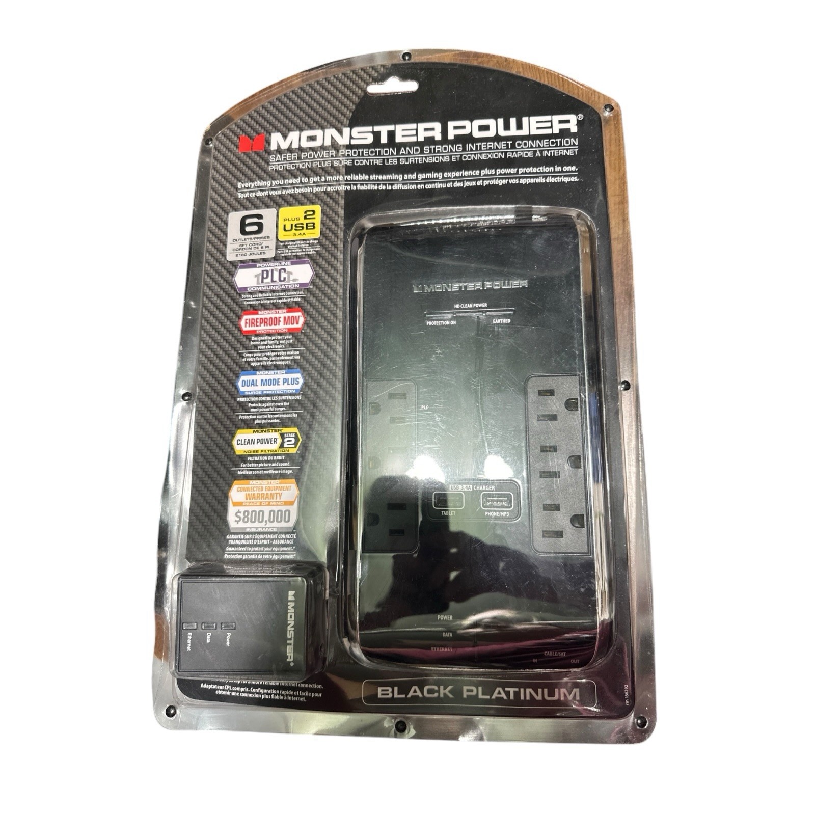 Monster - Power Platinum 600 6-Outlet/2-USB Surge Protector Strip - Black