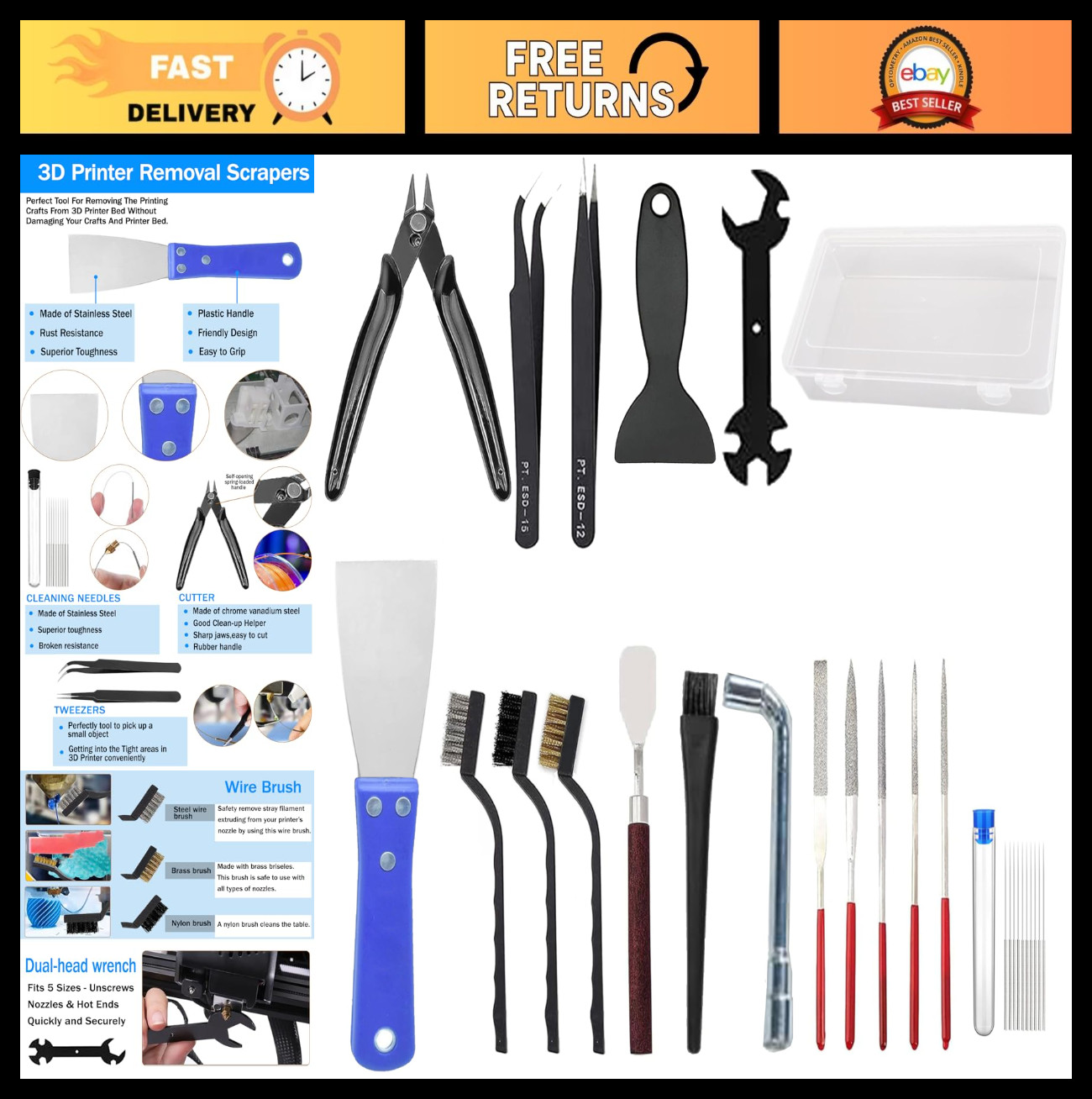 18Pcs 3D Printer Tool Kit - Nozzle Cleaning, Scraper, Brushes, Tweezers & Files