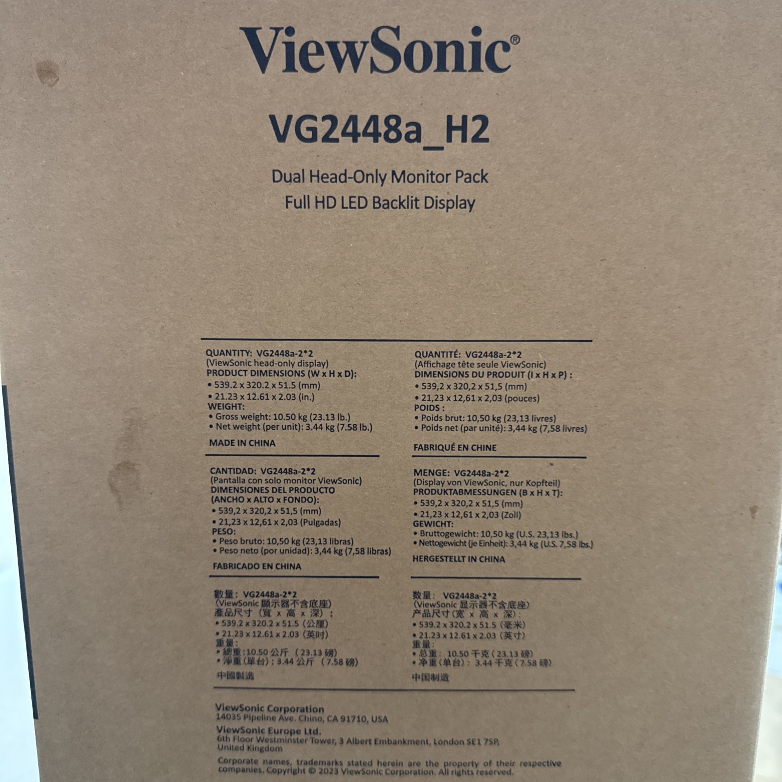 ViewSonic VG2448a_H2 Dual 24” Monitor Pack 1080p HDMI Head Only No Stand