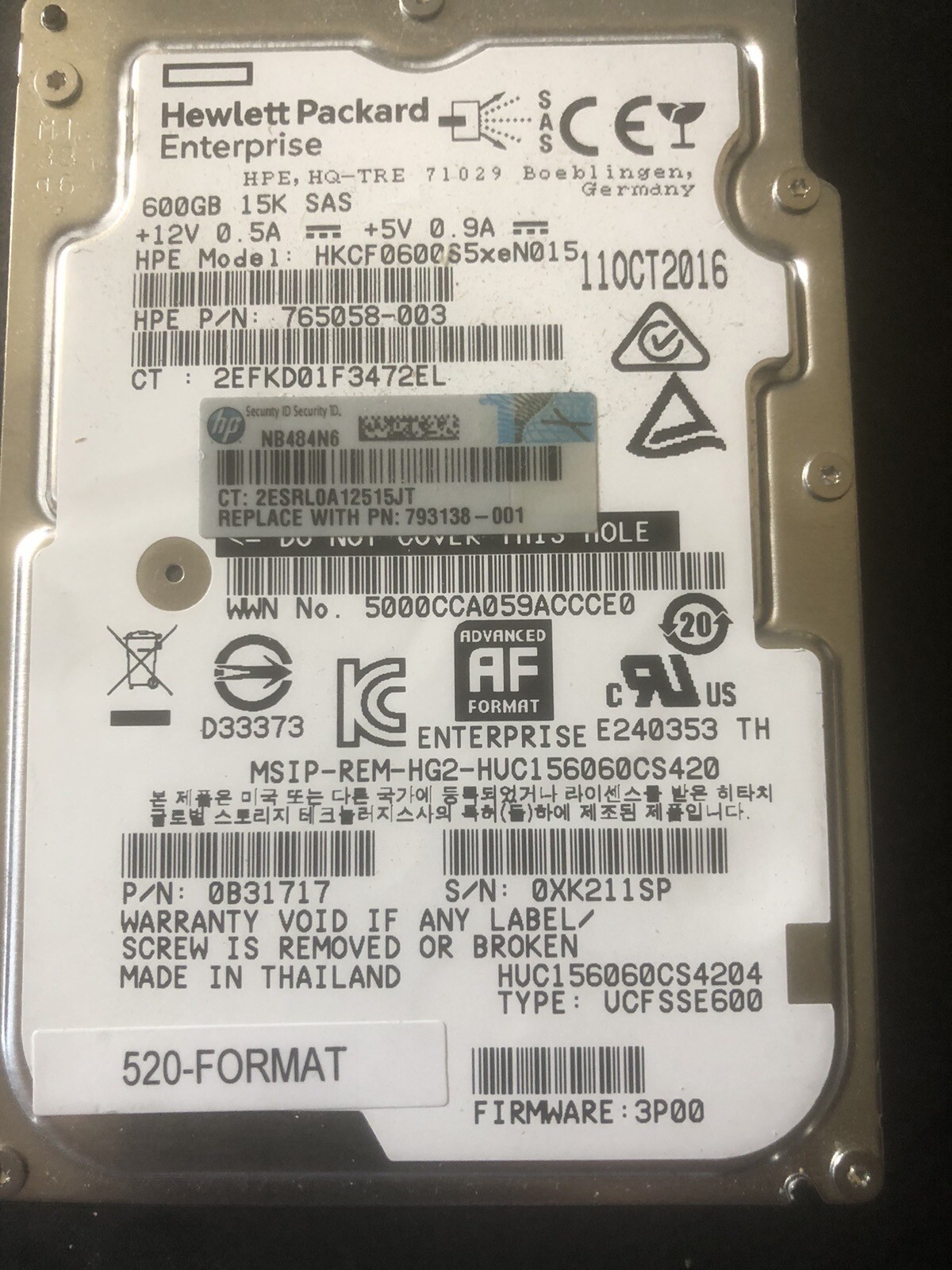 HP 765058-003 793138-001 HP 3PAR StoreServ 600GB 15K 12G 2.5" NO TRAY 520-FORMAT