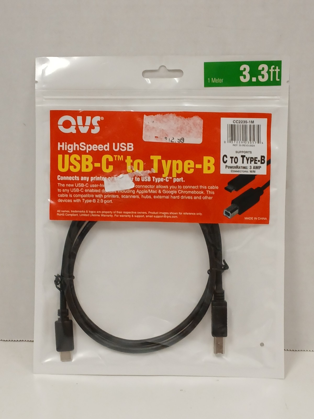 QVS HighSpeed USB-C to Type-B Data Cable 3AMP, 3.3ft
