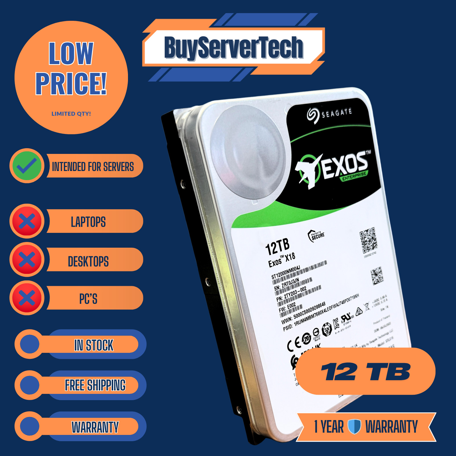 Seagate 12TB Exos X18 7200RPM SAS 12Gb/s 3.5" HDD ST12000NM004J Enterprise Drive