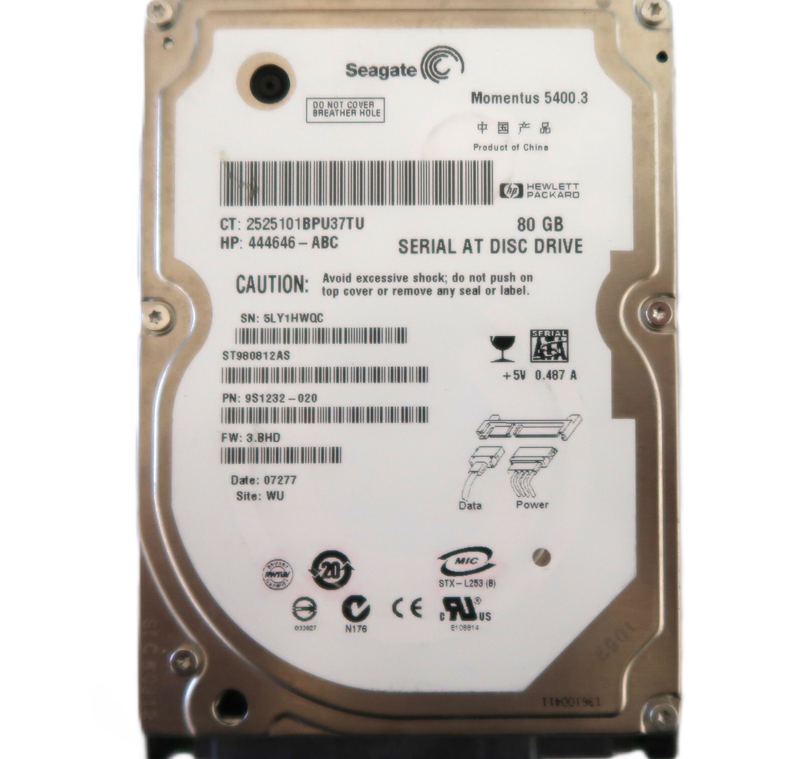 Seagate ST980812AS 9S1232-020 3.BHD (5LY) WU China 80gb 2.5" Sata HDD 01/2007