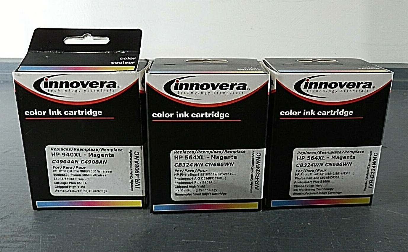 Lot of 3 Innovera Color Ink Cartridges; HP564XL Magenta x2 and HP940XL Magenta