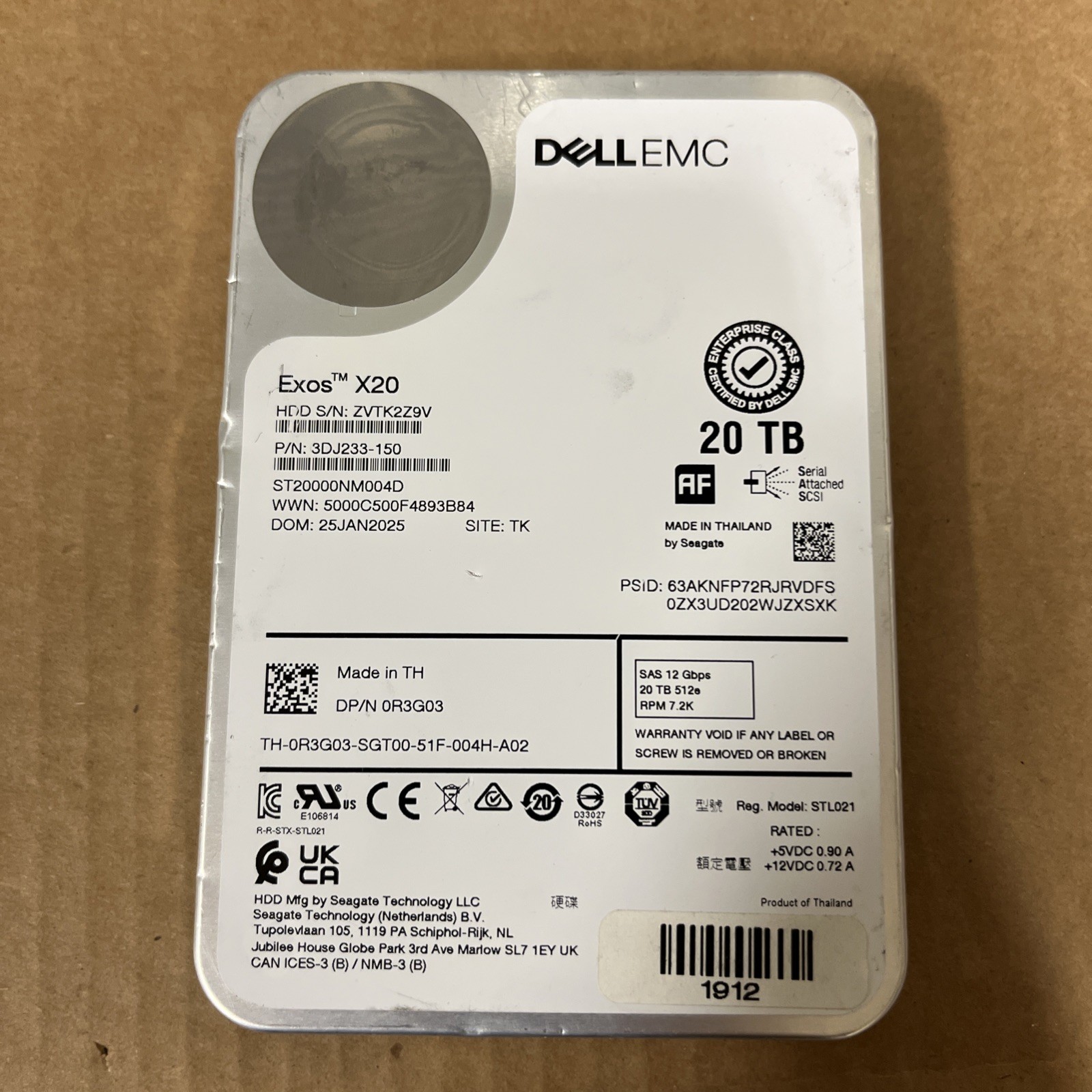 Dell R3G03 20TB SAS 12Gbps 7.2K 3.5in HDD Seagate Exos X20 ST20000NM004D