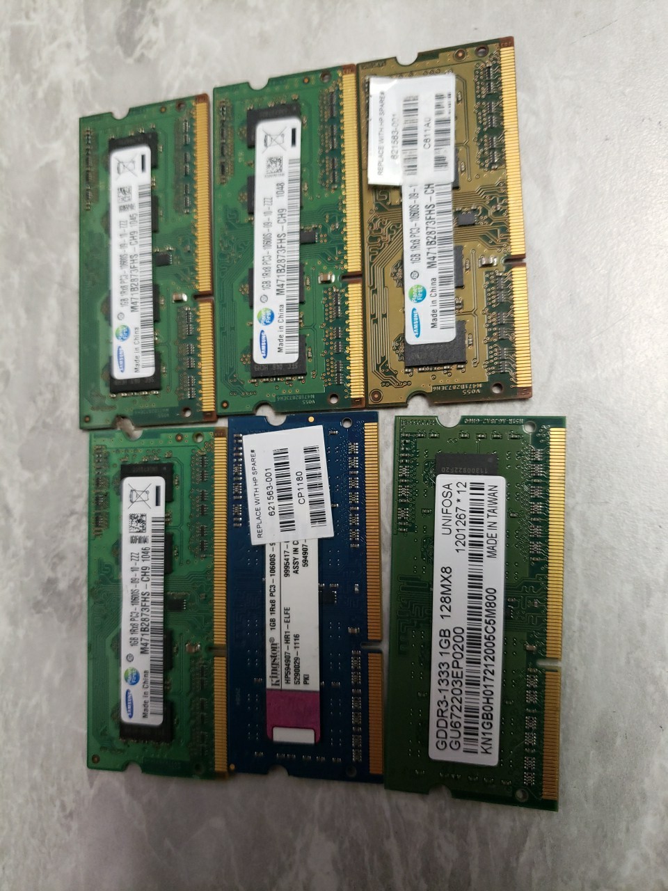 lot of 6 verious mfg 1GB DDR3 PC3-10600 (6-1gb = 6gb) laptop memory 