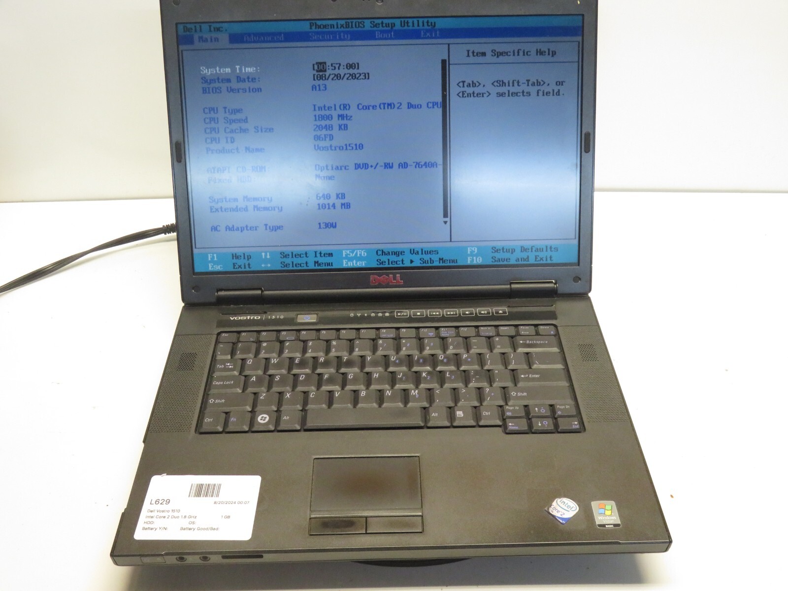 Dell Vostro 1510 Laptop Intel Core 2 Duo 1GB Ram No HDD or Battery