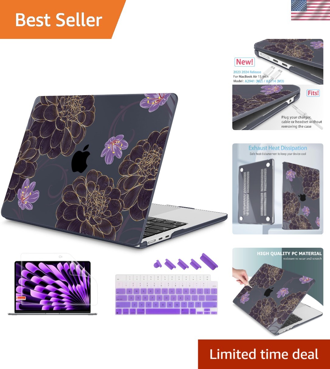 Elegant Floral Hard Shell Case for 2024/2023 MacBook Air 15 Inch - Golden Dahlia