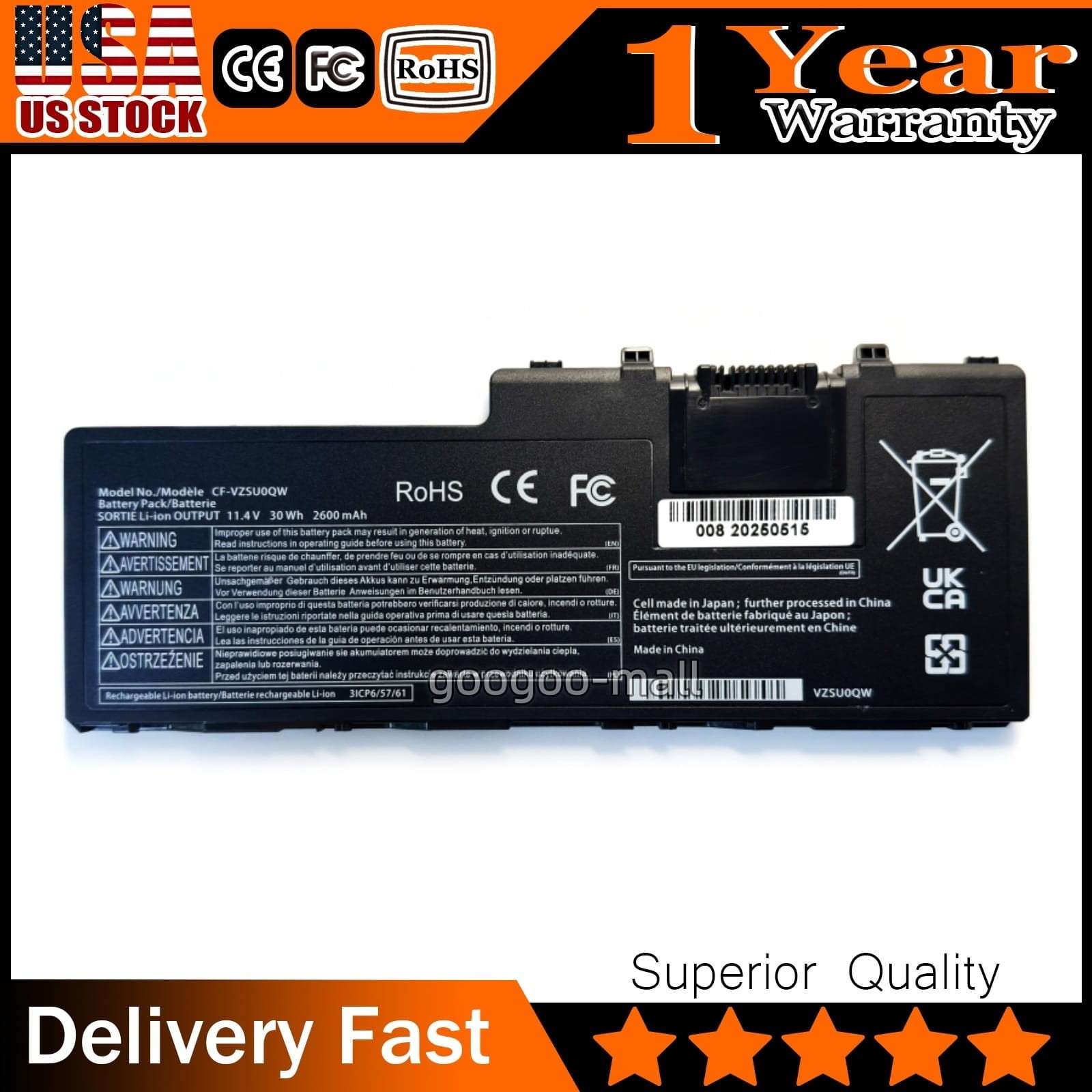 New OEM 2600mAh CF-VZSU0QW Battery for Panasonic ToughBook CF-20 Toughpad FZ-A2