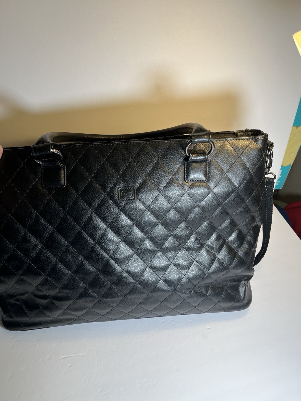 Solo Black Quilted Faux Leather Padded Tote Laptop Bag for 15 in Laptop