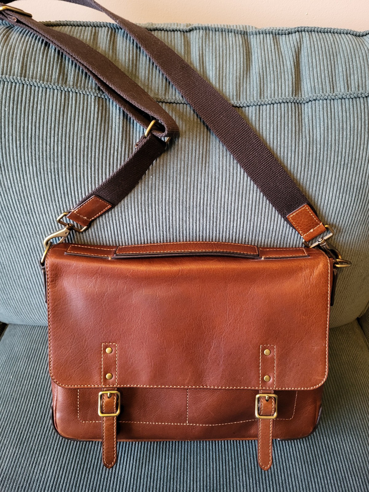 Fossil Brown Leather Messenger Laptop Bag Shoulder Strap