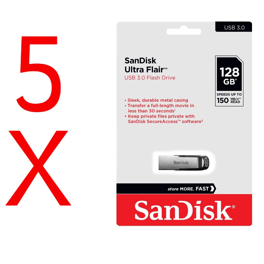 Lot of 5 x SanDisk 128GB USB CZ73 Ultra Flair USB 3.0 150MB/s SDCZ73-128G Retail