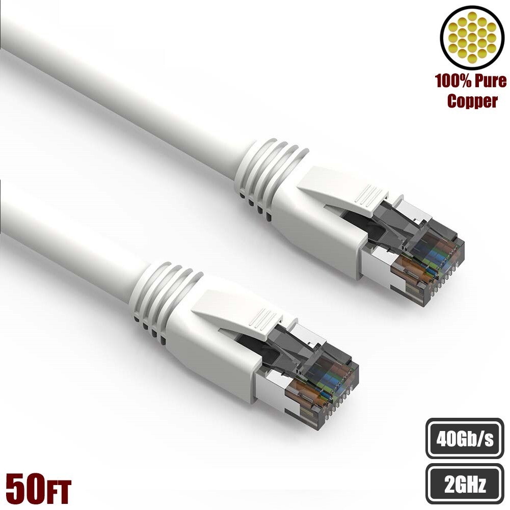 50FT CAT8 RJ45 Network LAN Ethernet Shielded Cable S/FTP 2GHz 40Gb Copper White
