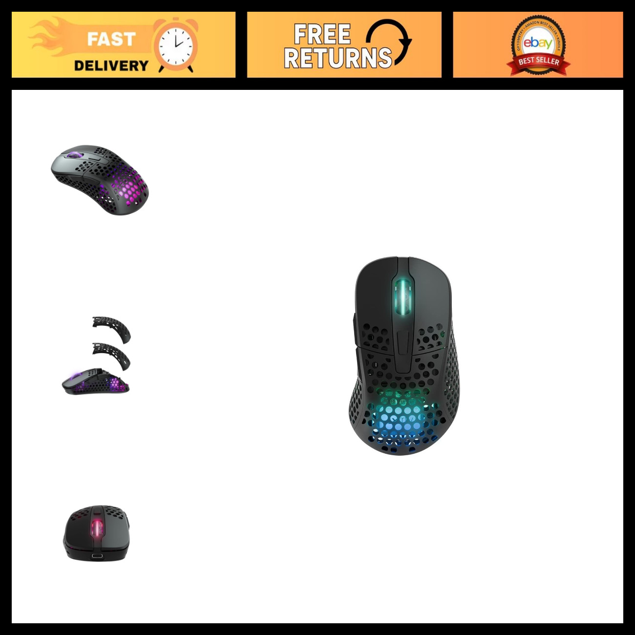 Ultra-Light Wireless Gaming Mouse - E-Sports Optimized, Ergonomic, RGB Lighting,