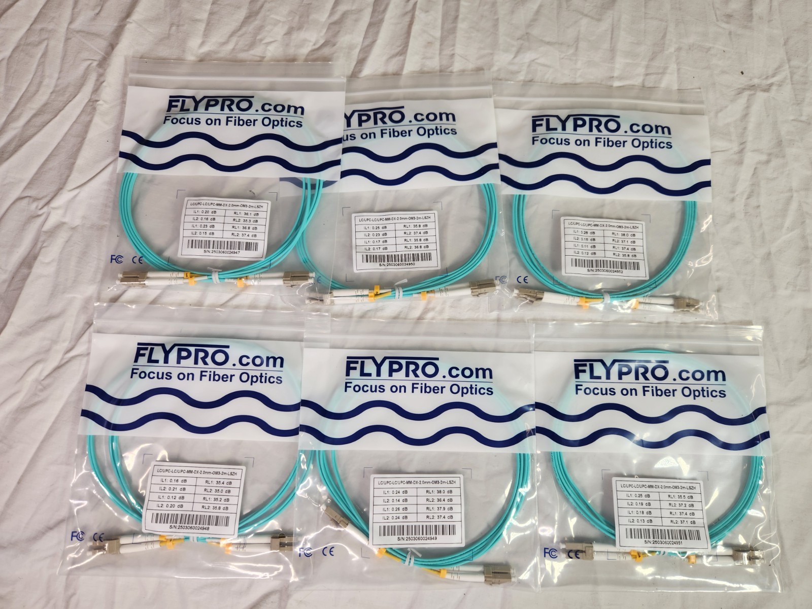Flypro LC to LC OM3 Multimode Duplex Fiber Optic Patch Cables 2m Lot of 6 Sealed