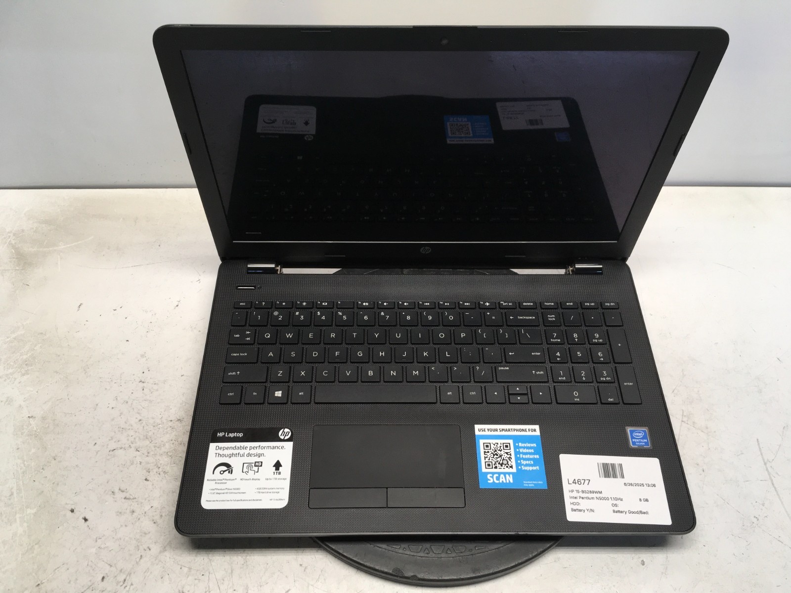 HP 15-BS289WM Intel Pentium N5000 1.1GHz 8 GB NO HDD/Battery