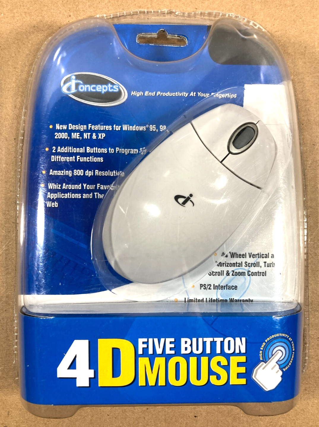 iConcepts 4D Five Button Wheel Scroll Mouse PS/2 Windows w/ Driver Disk 2003 NEW