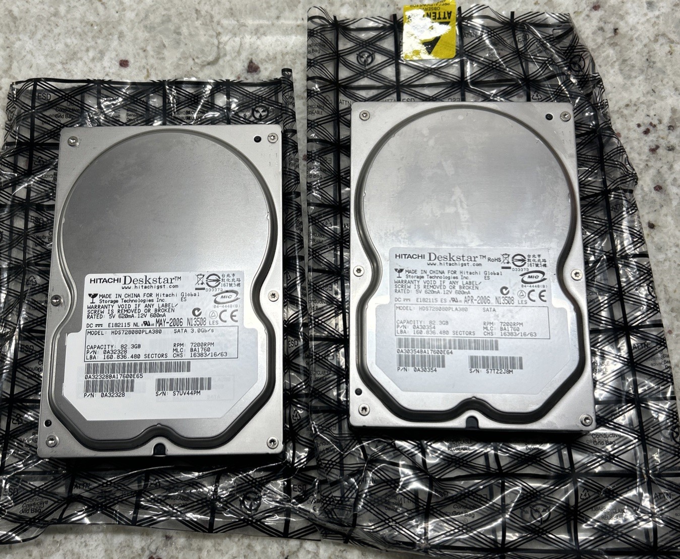 Lot Of 2 Hitachi Deskstar 82.3GB IDE Desktop Hard Drives-Model HDS728080PLA380