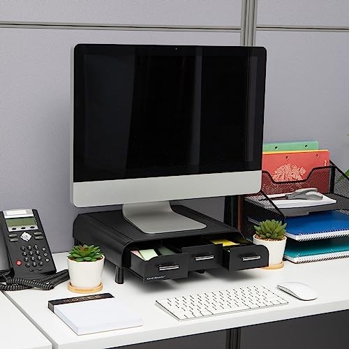 BLACK - MIND READER MONITOR STAND, 3 STORAGE DRAWERS, DESKTOP ORGANIZER, 13.5"L