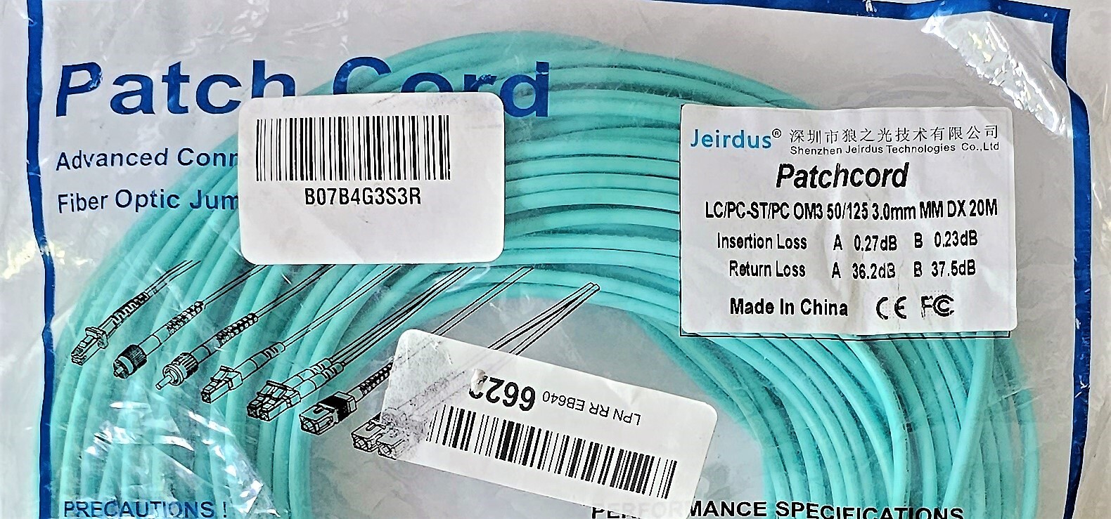 Jeirdus 50M LC to ST OM3 10G Duplex Multimode 50/125 Fiber Optic Patch Cable 160
