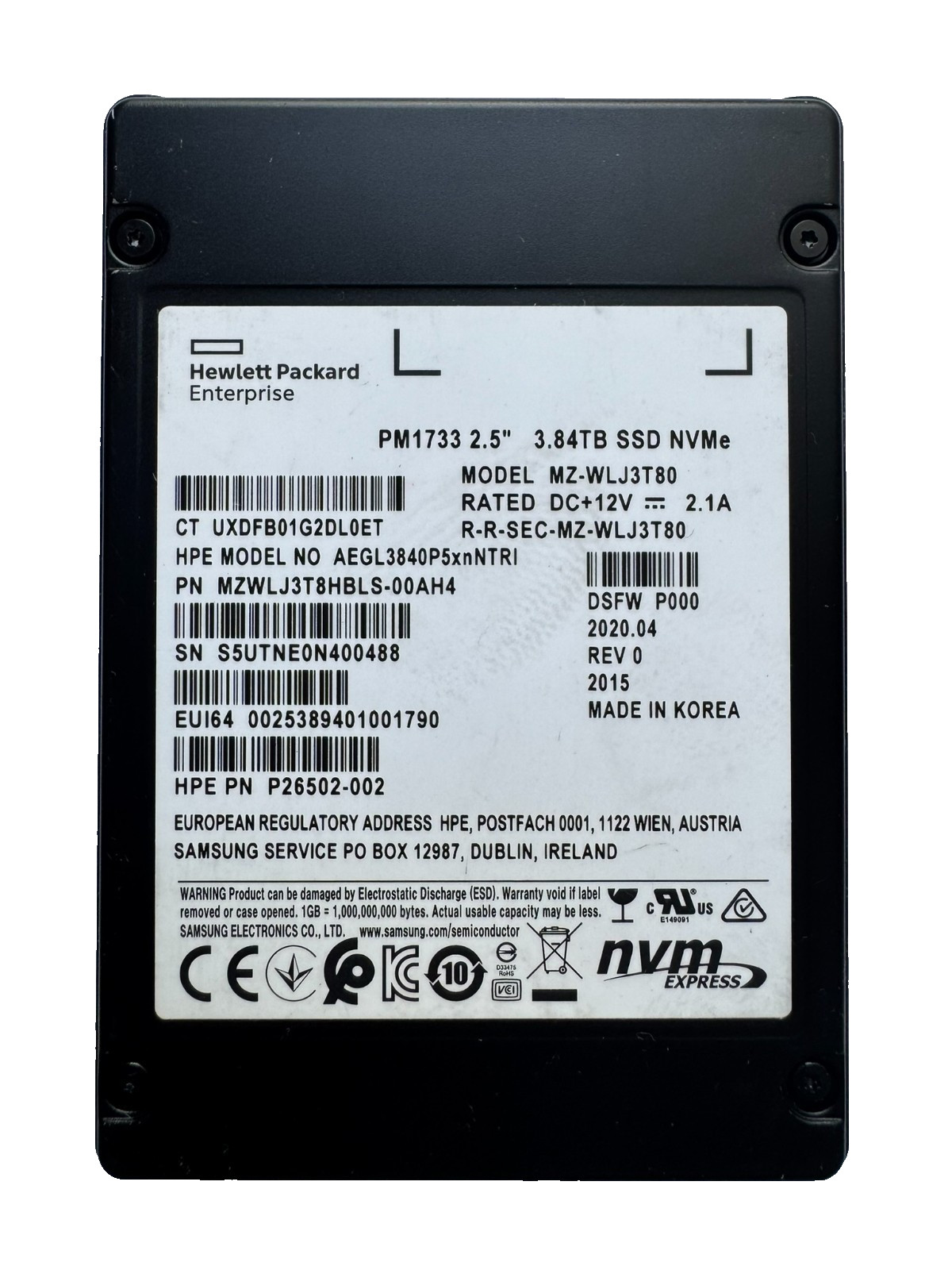 HPE SAMSUNG PM1733 3.84TB 2.5" PCIex4 NVMe U.2 SSD/LOW HRs/PERFECT 100 %HEALTH