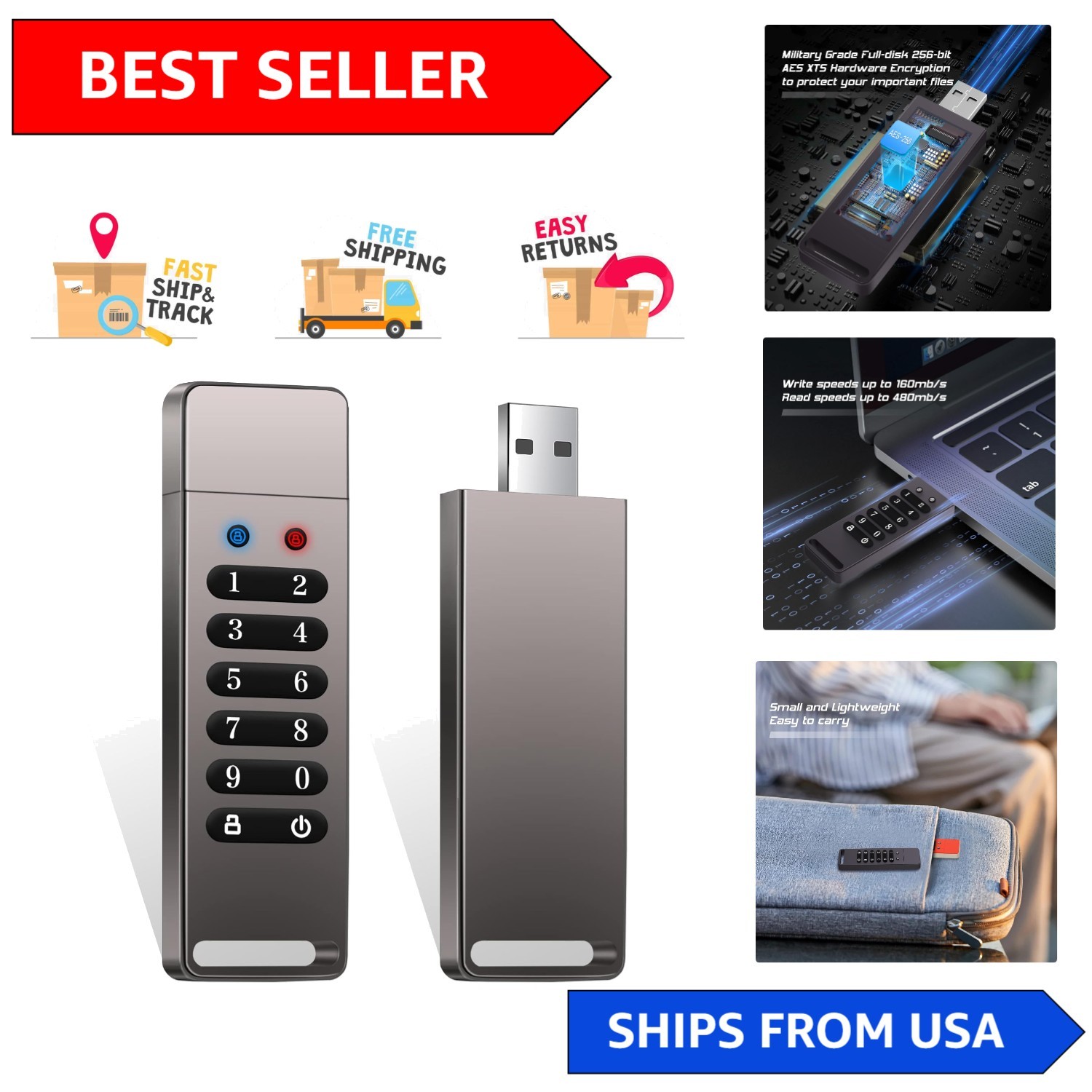 Compact 64GB Secure USB Drive - 256-Bit Encryption & Cross-Platform Compatible