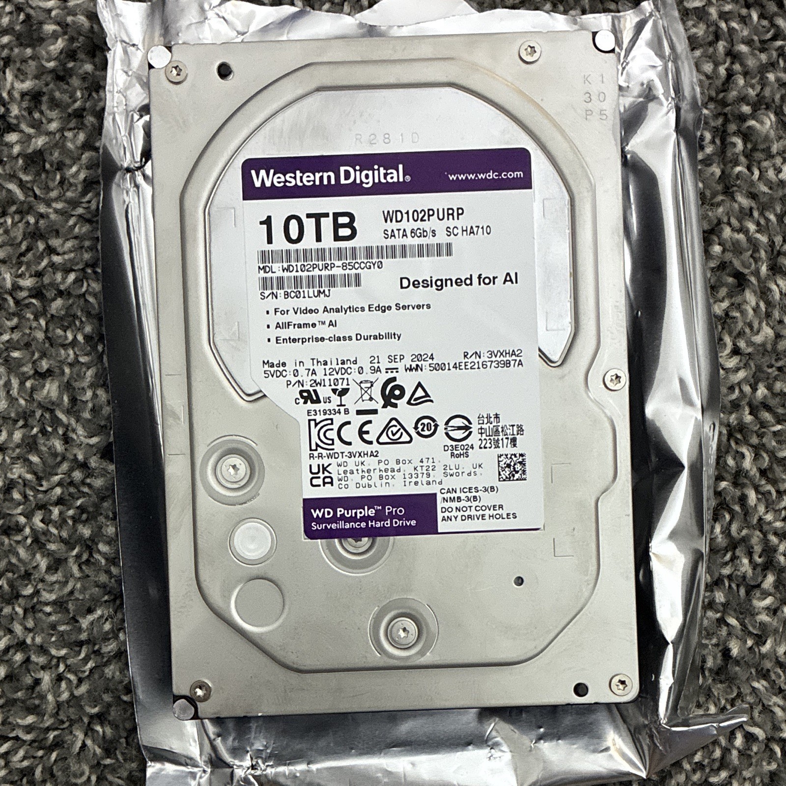 WD Purple Pro 10TB Surveillance Internal Hard Drive 3.5" SATA WD102PURP -