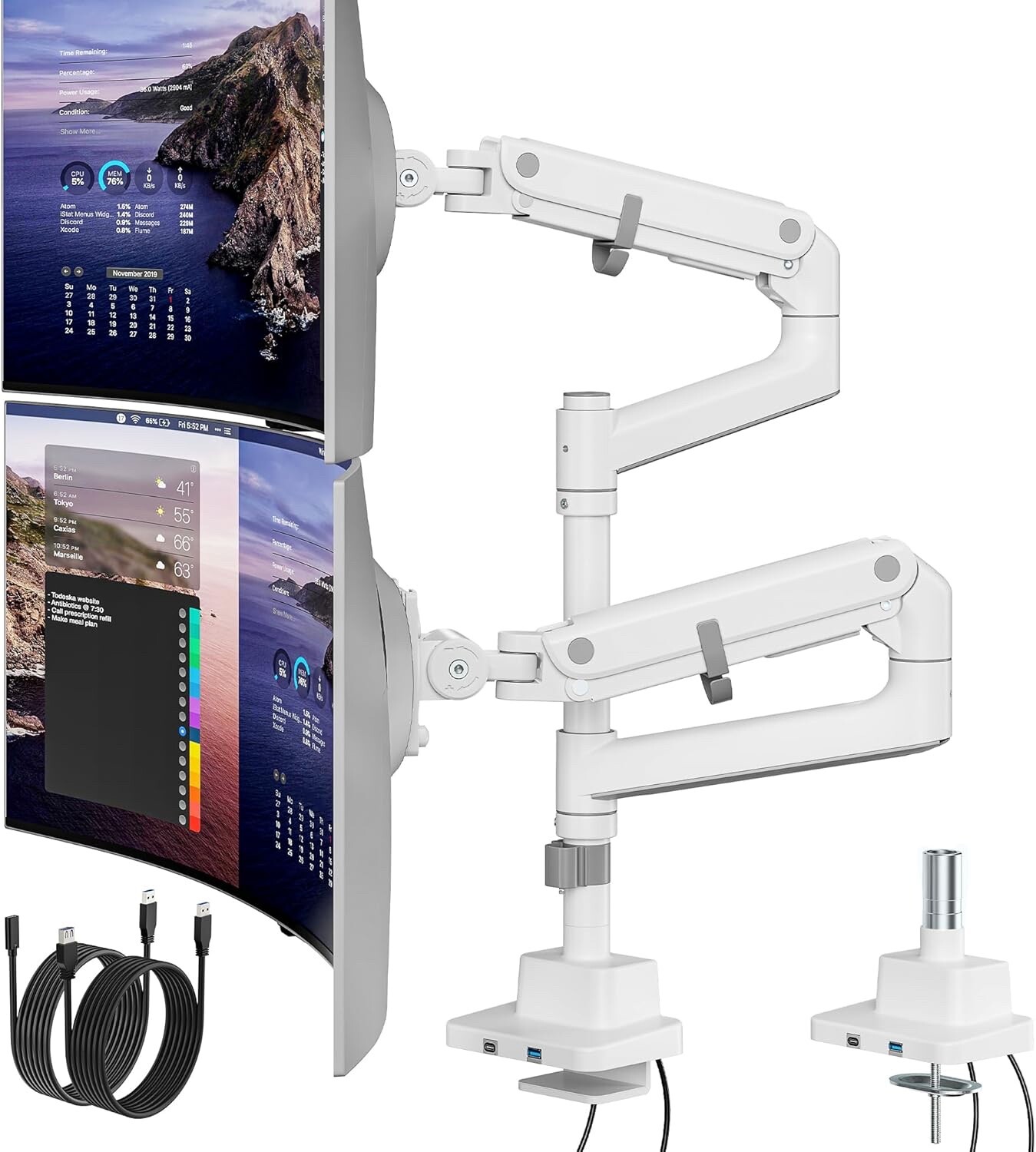 monTEK 17-57" Dual Ultrawide Adjustable Monitor Arm, 75/100mm Vesa Mount - White