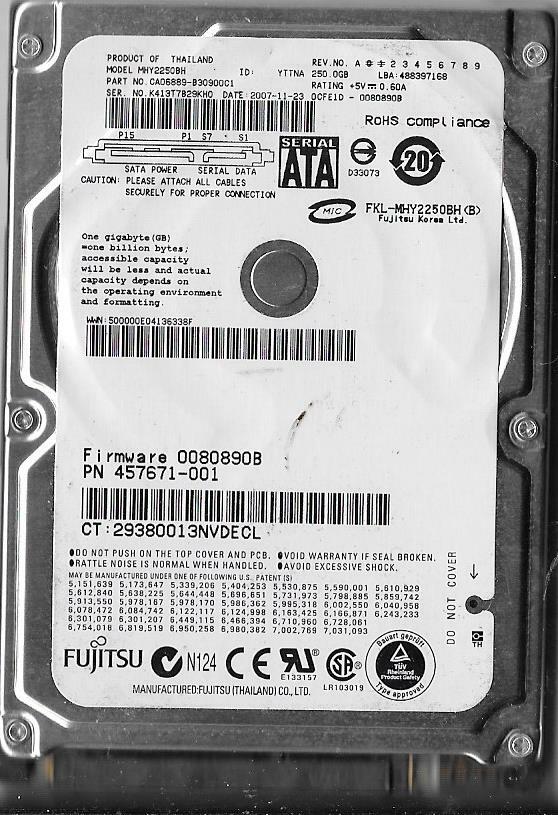 Fujitsu MHY2250BH 250GB Sata Hard Drive P/N: CA06889-B30900C1 F/W: 0080890B