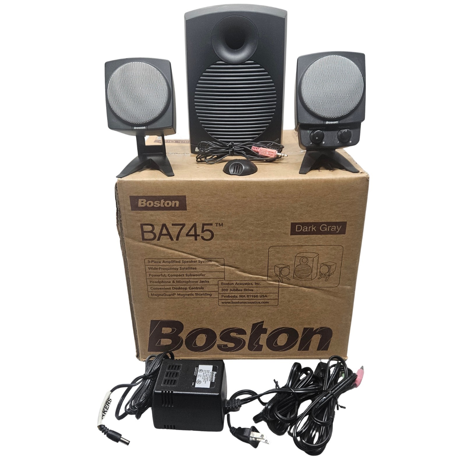 Boston Acoustics BA745 3-Piece Computer Speaker System w/ Box Tested Working
