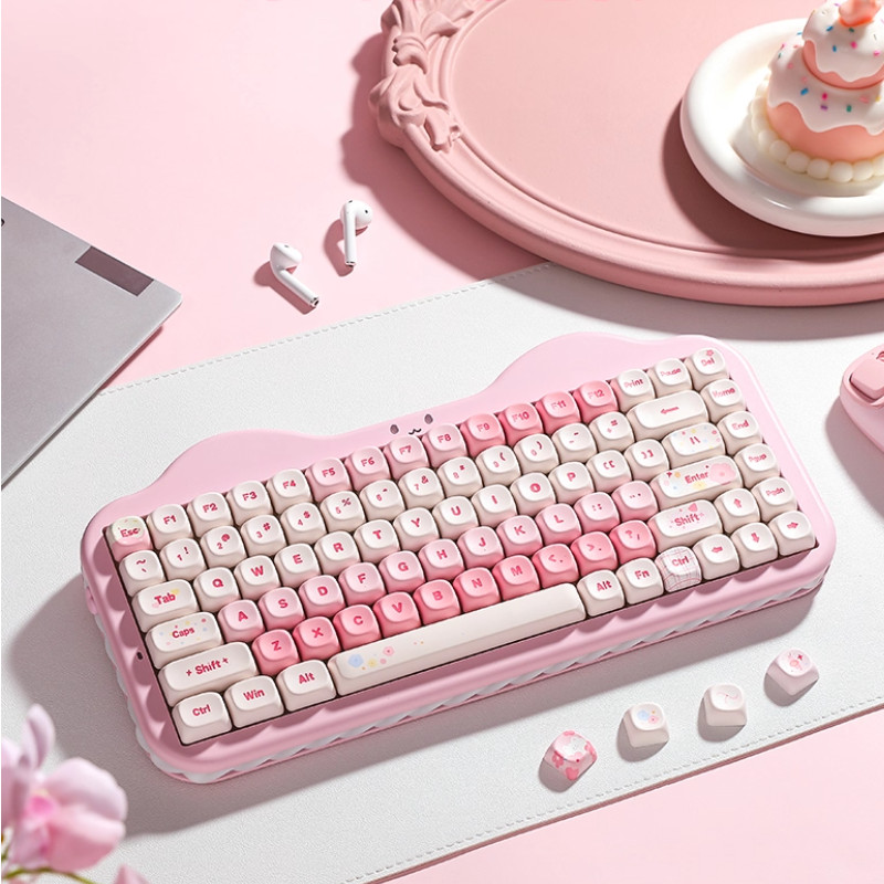 YUNZII C75 Wireless Keyboard Pink Peach Bubble Water - Gift for Girls