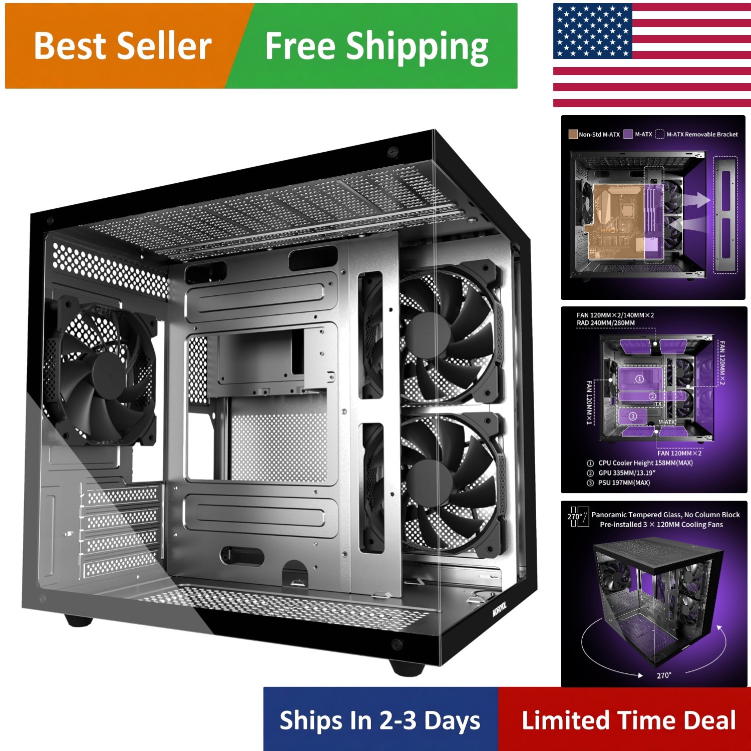 Stylish Black Micro-ATX Case with 270° Glass Panel & Excellent Cooling