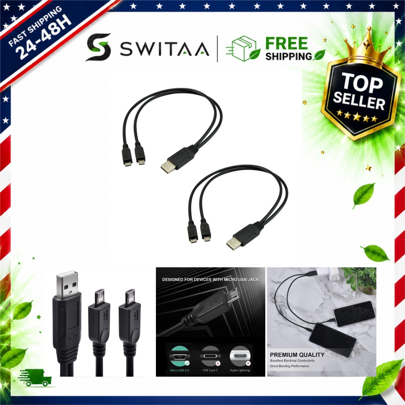 UCEC Dual Micro USB Splitter Cable 2-Pack Charging Data Sync 2.4A