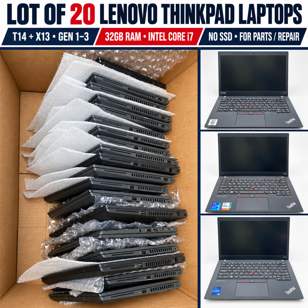 Lot of 20 Lenovo ThinkPad T14 X13 Gen 1 2 3 Laptops PARTS REPAIR No SSD