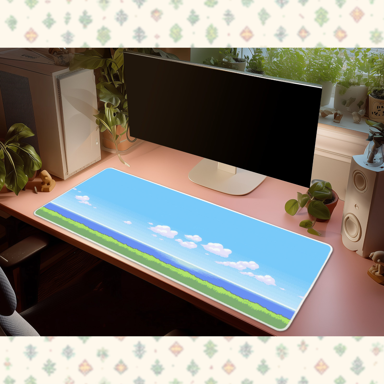 Pokemon Pixel Art Ocean Landscape Desk Mat Mouse Pad Retro Gaming Blue